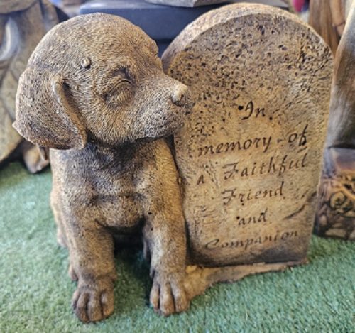 dog standing next to memorial plaque